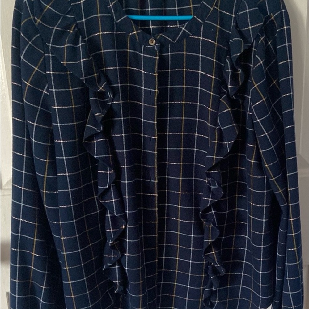 NWOT/ Navy Blue Checkered Blouse with Ruffles – Size M Sonoma - Picture 8 of 10